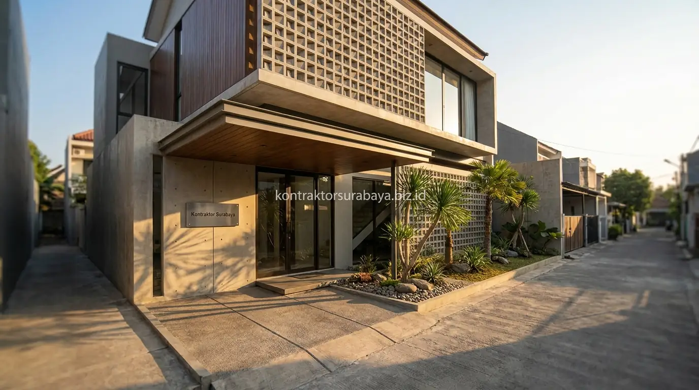 Fasad rumah minimalis modern dengan bukaan jendela lebar di Surabaya Timur
